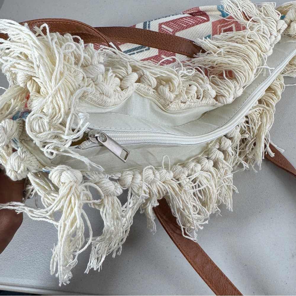 Boho Aztec Fringe Tote Bag Tribal Canvas Beach Shopper Southwest Style Summer - Picture 12 of 14